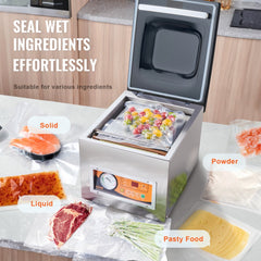 Stainless steel chamber vacuum sealer with open lid, sealing bags of solid, liquid, and pasty foods.
