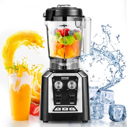 Black 2200W Bostome commercial blender with 68 oz jar blending fruits and ice.