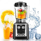 Black 2200W Bostome commercial blender with 68 oz jar blending fruits and ice.