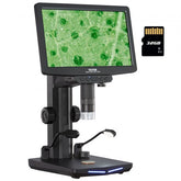 Bostome 10.1-inch IPS LCD digital microscope with 10X-1300X magnification, stand, adjustable light, and 32GB card.