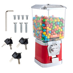 Red 17-inch gumball machine with a transparent jar, coin slot, and metal base for dispensing candy.