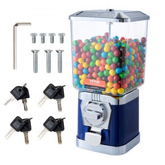 Blue 17-inch gumball machine with transparent candy jar and coin-operated mechanism.