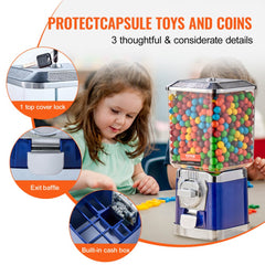 Blue 17-inch gumball machine with a transparent candy jar and coin-operated mechanism.
