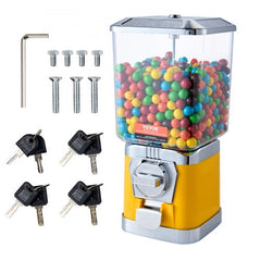 Yellow 17-inch gumball vending machine with clear globe filled with colorful candies, coin mechanism, keys, and assembly tools.