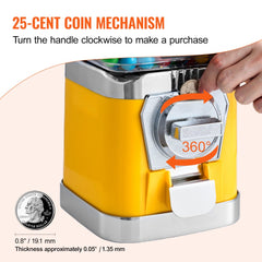 Yellow 17-inch gumball vending machine with 25-cent coin mechanism and clockwise-turning handle.