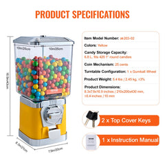 Yellow 17-inch gumball vending machine with coin mechanism and clear globe holding colorful candies.