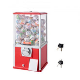 Red 21-inch gumball vending machine with clear globe and two keys on white background