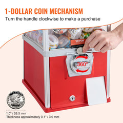 A 21-inch red gumball vending machine with coin mechanism and clear globe.