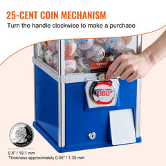 A 25-inch blue gumball vending machine with a transparent jar and coin mechanism.