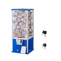 Blue 25-inch gumball vending machine with a transparent jar and coin-operated mechanism.