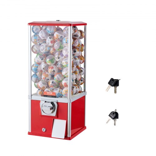 A 25-inch red gumball machine with a large capacity jar and coin-operated mechanism.