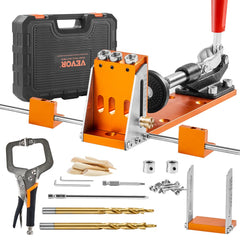 Bostome 34-piece pocket hole jig kit with adjustable aluminum alloy and various tools for carpentry.