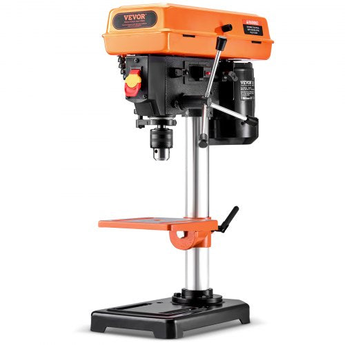 Orange Bostome 8-inch benchtop drill press with adjustable speed from 750 to 3200 RPM.