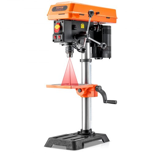 Orange Bostome 10-inch benchtop drill press with adjustable speeds, laser guide, and tilting table.