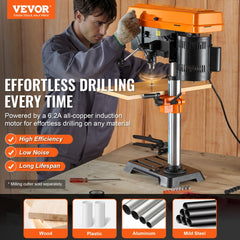 A man using an orange Bostome 10-inch benchtop drill press with adjustable speeds on a wooden workbench.