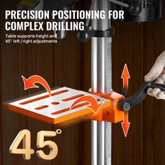 Benchtop drill press with adjustable table tilting 45 degrees left and right.