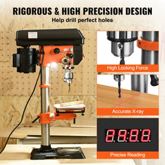 Black benchtop drill press with orange accents, variable speed display, laser guide, and tilting table.