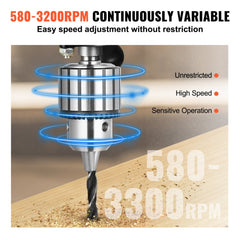 Benchtop drill press with variable speed from 580 to 3200 RPM and drill bit in action.