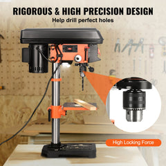 Bostome 10-inch 5-speed benchtop drill press with cast iron base and 610-2800 RPM range.