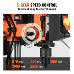 Orange 10-inch benchtop drill press with 5-speed control dial from 610 to 2800 RPM.
