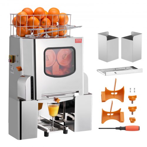 Bostome commercial orange juicer machine in stainless steel with large feed chute and safety features.