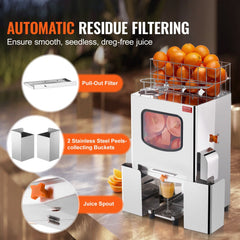 Stainless steel orange juicer machine with large feed chute and automatic juicing features.