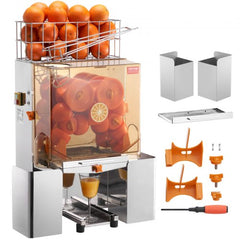Bostome Commercial Orange Juicer Machine with large feed chute and detachable stainless steel parts.