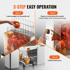 Bostome Commercial Orange Juicer Machine with a large feed chute and stainless steel components.
