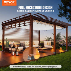 A wooden pergola with a retractable canopy and string lights is shown with a close-up of a post base.