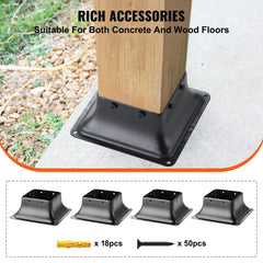 A 4-pack of black steel 4x4 post bases with included screws and anchors.