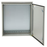 Bostome 24x24x8in NEMA 4 electrical enclosure in carbon steel with reinforced hinges and lock.
