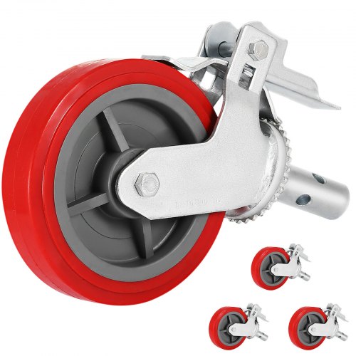 Red 8-inch polyurethane scaffolding caster wheels with 3200 lbs capacity and dual-locking brakes.