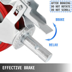 Red 8-inch polyurethane scaffolding caster wheels with 3200 lbs capacity and dual-locking brakes.