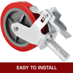 Red 8-inch polyurethane scaffolding caster wheels with 3200 lbs capacity and dual-locking brakes.