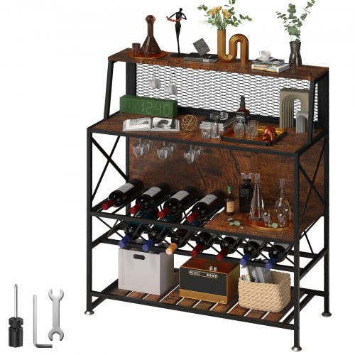 Rustic brown industrial wine rack table with iron frame, holding 12 bottles and glasses.