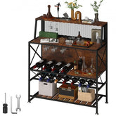 Rustic brown industrial wine rack table with iron frame, holding 12 bottles and glasses.