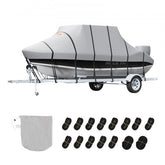 Grey waterproof 600D Oxford boat cover for 20-22ft T-top boats, with straps and storage bag.
