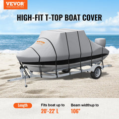 Gray waterproof 600D Oxford T-top boat cover fitting 20-22 ft boats on trailer.