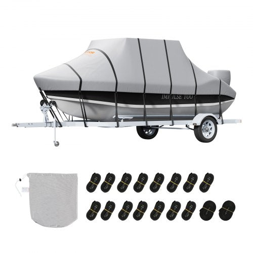 Grey waterproof 600D Oxford boat cover for 24-26 ft T-top boats, with straps and carry bag.