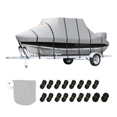Grey waterproof 600D Oxford boat cover for 24-26 ft T-top boats, with straps and carry bag.
