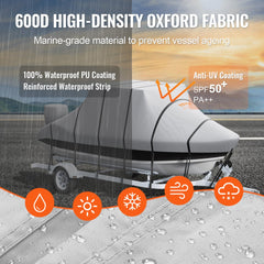 Grey waterproof 600D Oxford boat cover for 24-26 ft T-top boats, shown on trailer.