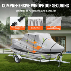 Grey waterproof 600D Oxford boat cover on a 24-26 ft T-top center console boat on trailer.