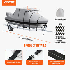 Grey waterproof 600D Oxford boat cover for 24-26 ft T-top boats, with straps and storage bag.