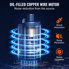 Blue utility sink pump system with oil-filled copper wire motor, showing noise reduction, shock absorption, and stable operation features.