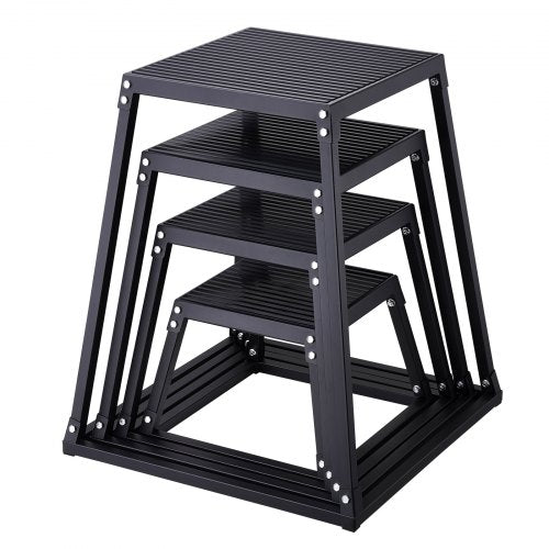 Black 4-piece plyometric jump box set with 12, 18, 24, and 30-inch heights and anti-slip surfaces.