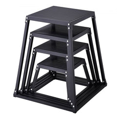 Black 4-piece plyometric jump box set with 12, 18, 24, and 30-inch heights and anti-slip surfaces.
