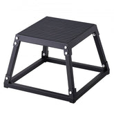 Black 12-inch steel plyometric jump box with anti-slip surface and rubber pads for stability.