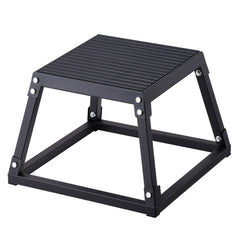 Black 12-inch steel plyometric jump box with anti-slip surface and sturdy construction.