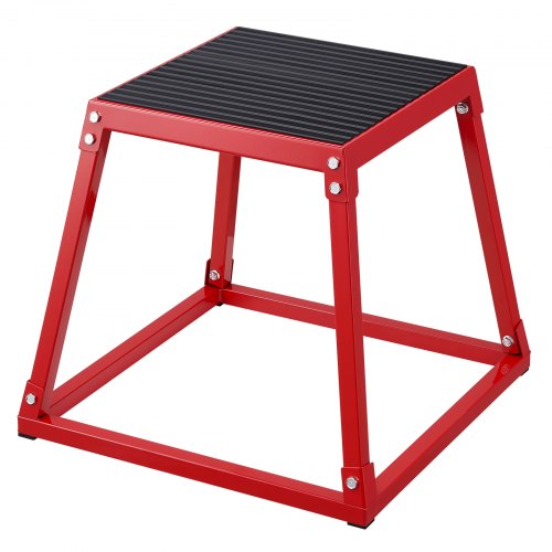 Red 18-inch steel plyometric jump box with anti-slip textured top.