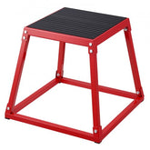 Red 18-inch steel plyometric jump box with anti-slip textured top.